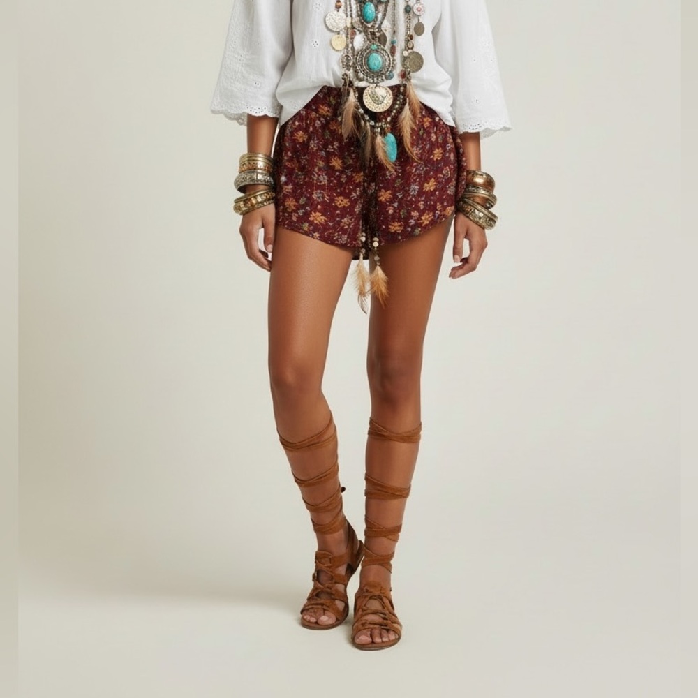 Boho Floral Print High Waist Shorts L Festival Western Hippie